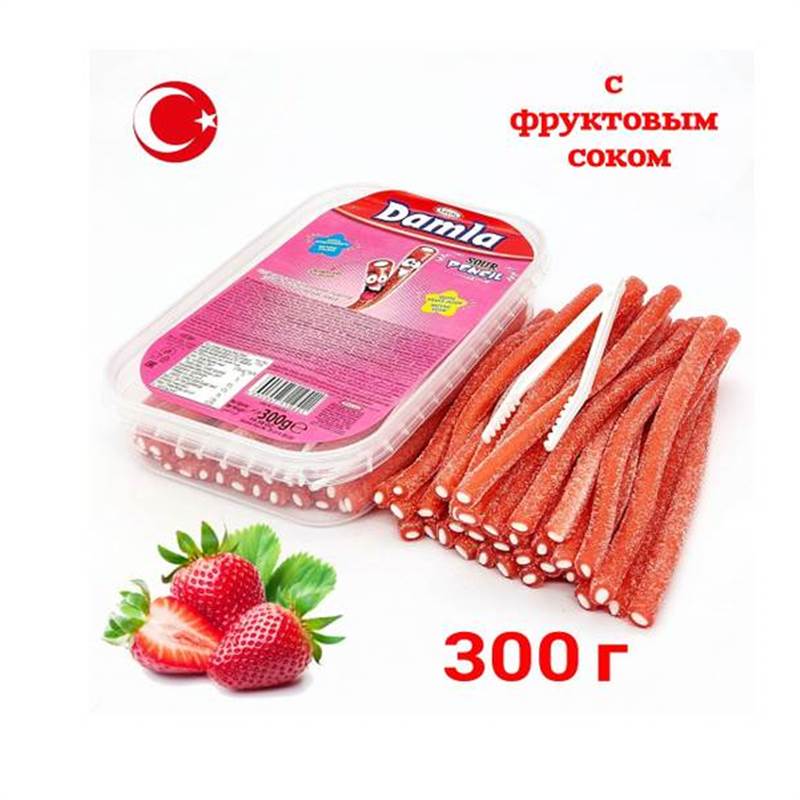 Кислые ремешки DAMLA 10гр, Клубника, банка с щипцами (1кг)